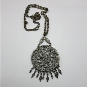 Vintage silver medallion pendant  like long chain necklace statement style 70's